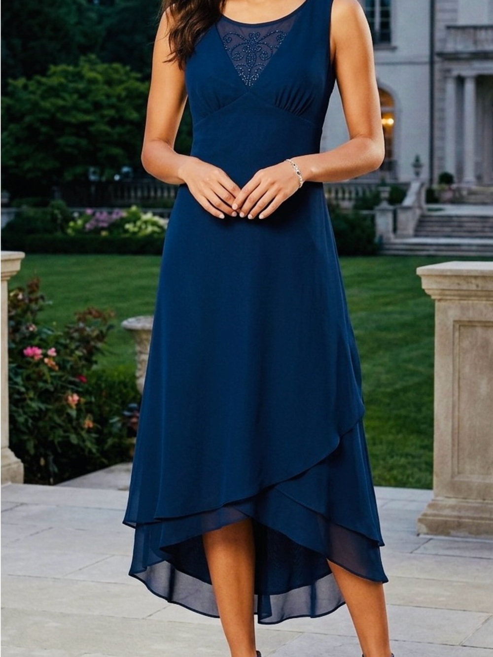 Sleeveless High-Low Chiffon Dress in Deep Navy